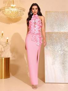 Nouvelle robe longue élégante à col montant 3D floral sexy, sans manches, dos nu, fendue haute. Robe de soirée formelle pour femmes pour mariage, fête, vacances