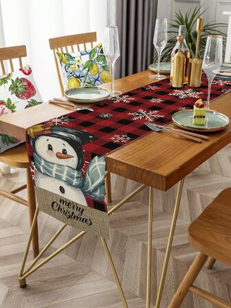 1pc Pumpkin Leaf Snowman Bird Element Table Runner, Single-Sided Linen Printed, Suitable For Kitchen, Living Room Decor And Event Party Decor, Thanksgiving Decor, Christmas Decor Christmas Decorations Winter Christmas Decorations Home Christmas Gifts Christmas Decor