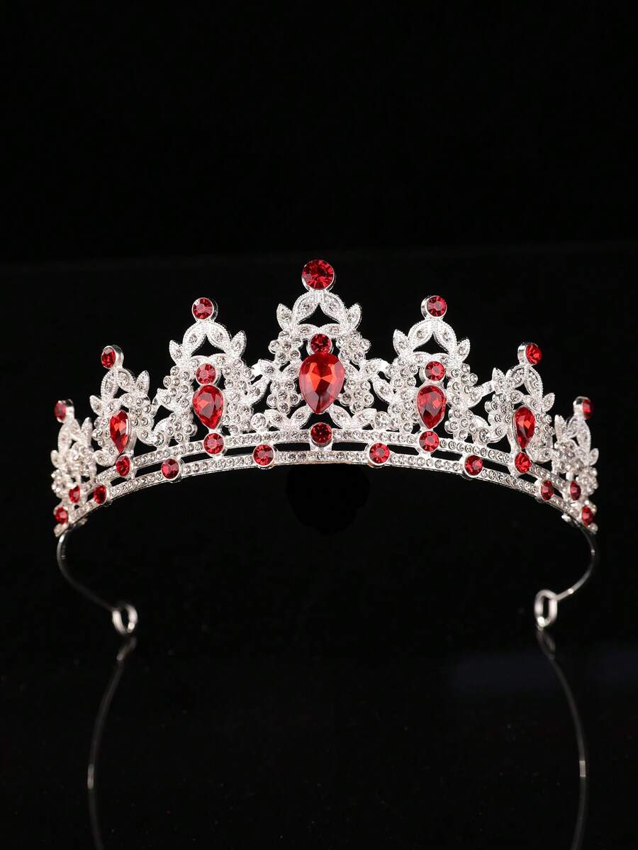 1pc Girls' Luxury Rhinestone Princess Crown Headband - Red - View 1