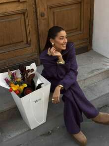 VIBEWAVE 女士休闲针织套装，宽松翻领半拉链长袖毛衣和高腰阔腿裤两件套 - 紫羅蘭色 - 查看 2