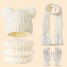 Conjunto de 4 piezas de gorro/bufanda/guantes de punto para niños, atuendo de invierno grueso y cálido, moda minimalista y linda, adecuado para niños de 3 a 12 años para actividades al aire libre como senderismo/esquí y uso diario en invierno