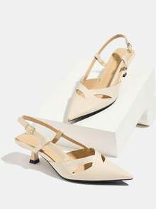 Bombas de tacón de gatito con puntera puntiaguda y diseño calado, elegantes y sexys para fiesta, boda, exterior, casual, cita, regalo de cumpleaños, color beige