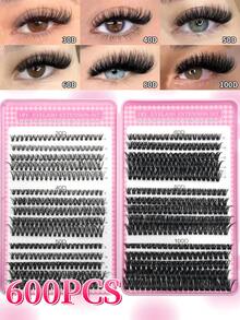 600pcs Mixed 30D+40D+50D+60D+80D+100D Eyelash Extension Kit, DIY Eyelash Extension Set, Individual Lash Cluster, D Curl Eyelash Extension Kit, Includes Adhesive, Sealant And Eyelash Extension Tools, Suitable For Daily Use, Parties, Travel Or As Gifts For Family And Friends - 黑色 - 查看 10