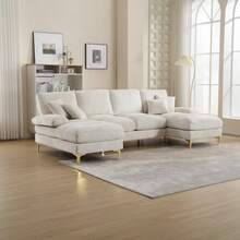 Large U-Shape Chenille Sectional Sofa: Modern Modular Living Room Set With Dual Recliners & Chaise Lounges, Emerald Green - Beige + Chenille + 4 Seat + Foam - View 5