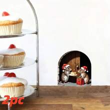 2 حزمة ملصقات جدارية بشكل فأر عائلي لعيد الميلاد ثلاثية الأبعاد، ملصقات منزلية ذاتية اللصق من البي في سي مناسبة لديكور غرفة المعيشة والنوم والمطبخ والمزرعة، هدايا عيد الميلاد المثالية