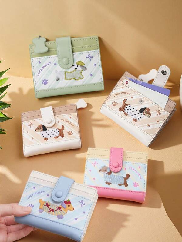 1pc Cute Dachshund Dog Embroidered Flap Button Wallet, Student Folding Zipper Coin Purse, PU Leather Decoration Zipper Multi-Card Slot Small Pocket Change Bag, Fashion Card Case Portable Ladies Cute Wallet