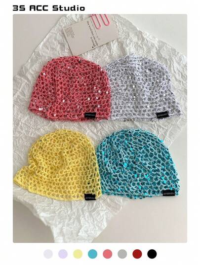1 pieza Gorro de punto con lentejuelas de moda Y2K, gorro holgado de punto vintage con diseño hueco, ligero y transpirable, adecuado para otoño/invierno, color pastel retro