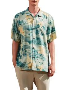 Men's Silk Hawaiian Floral Shirts Short Sleeve Button Down Casual Tropical Holiday Beach Shirtshalloween - 水草綠 - 查看 1