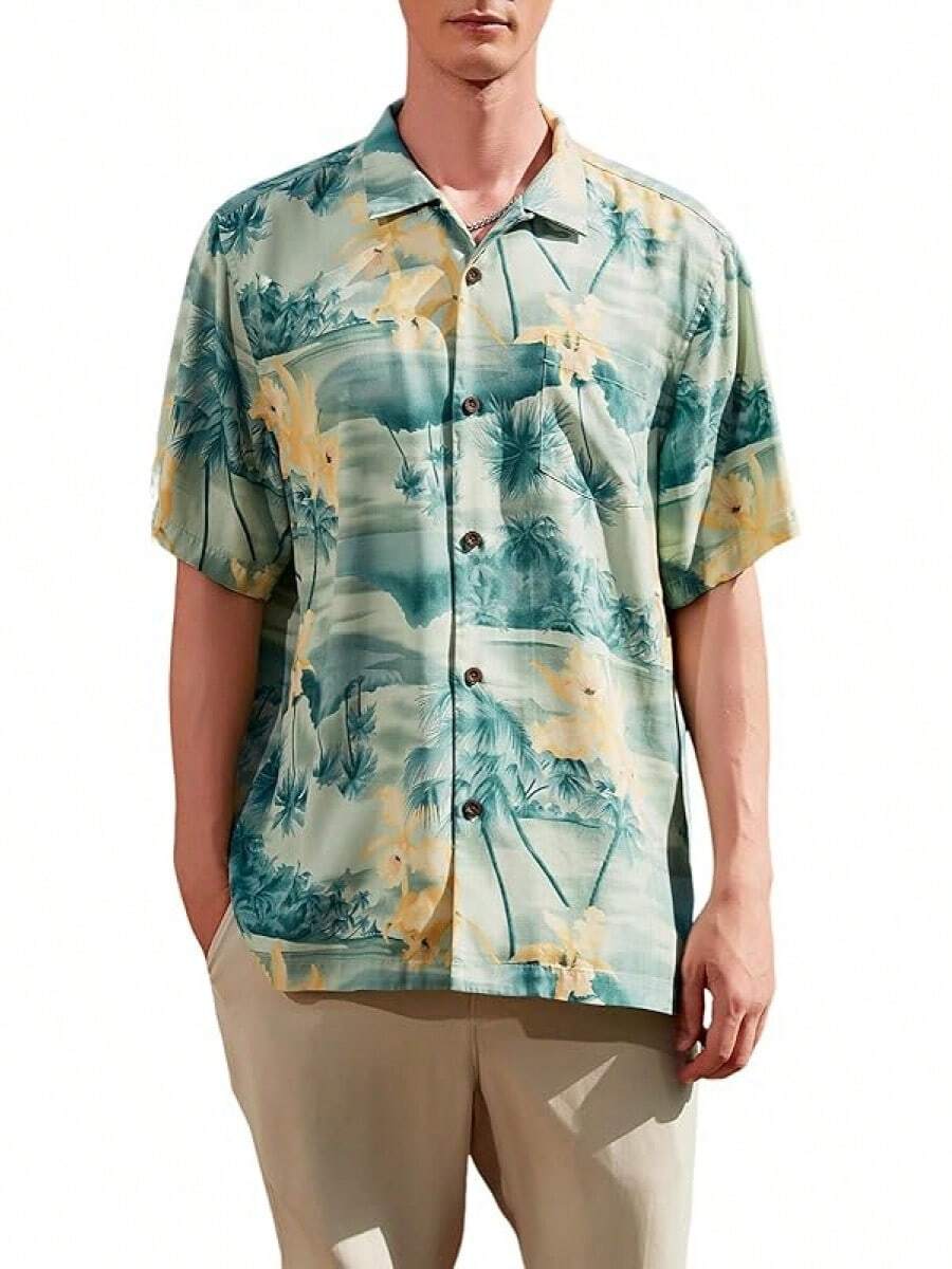 Men's Silk Hawaiian Floral Shirts Short Sleeve Button Down Casual Tropical Holiday Beach Shirtshalloween - 水草綠 - 查看 1