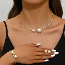 Minimalist Clavicle Chain Necklace, Earrings, Bracelet Jewelry Set For Women, Fully Paved With Pearls Open Choker