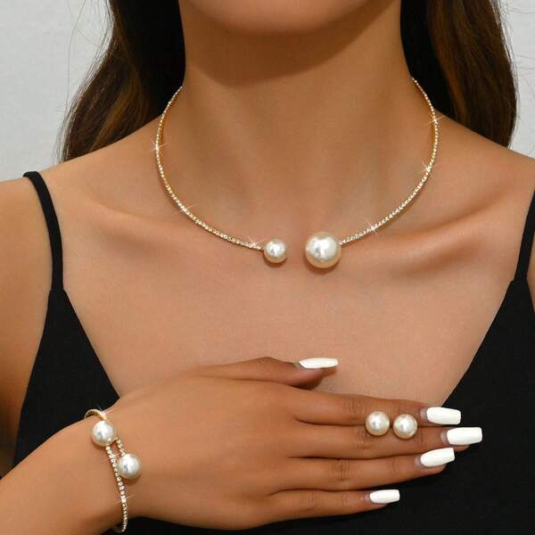 Minimalist Clavicle Chain Necklace, Earrings, Bracelet Jewelry Set For Women, Fully Paved With Pearls Open Choker