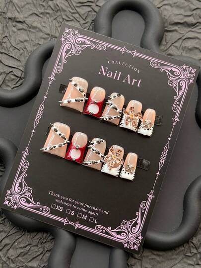 10pcs Y2K Style Nail Kit, Punk Style, Handcrafted Press-On Nails, Medium Length, Duckbill Shape, With Studded Decorative Designs, Black And White French Tips, Handmade Leopard Print Flowers. These Acrylic Press-On Nails Are Suitable For Women And Girls For Parties And Everyday Wear, And Can Also Serve As A Nail Gift Set.