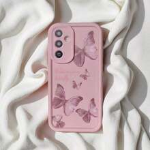 1pc Pastel Pink Butterfly & English Text Cute Cartoon Creative Minimalist Aesthetic Soft Phone Case, Matte Pink Lens Frame Stepped Design Full Protection, Compatible With Samsung Galaxy Series A54/A53/A52(A52S Compatible)/A34(5G)A32(5G)/A14(5G)/A13 5G/A04S/S21/S21U/S22/S22U/S23/S23+/S23U And S24 Series A15/A35(5G)/A55(5G)/A25(5G) Waterproof Shockproof Anti-Fall Scratch Resistant - 粉色 - 查看 2
