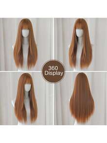 [Heat Resistant Synthetic Wig] Heat Resistant 28inch Long Straight Synthetic Wig With Bangs - Natural Looking Soft Hair For Daily Wear, Cosplay, Halloween, Music Festivals, And Christmas Events - Women's Fashionable Black - Brown - View 7