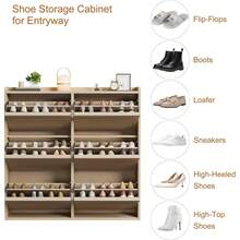 ShiningLove 2/3/4 Flip-Drawer Shoe Cabinet – Wall-Mounted Hidden Storage Organizer W/ Adjustable Shelves, Waterproof MDF For Entryway/Hallway, Holds 8-20 Pairs (Grey/Brown/White/Black) - 自然棕色 6 抽屜翻蓋 - 查看 3