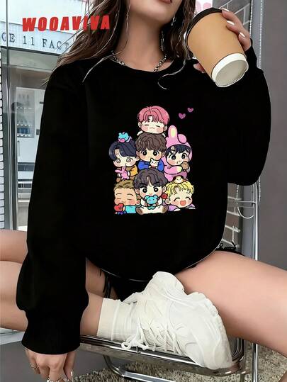 WOOAVIVA Plus Size Spring, Autumn and Winter Y2K Cleanfit Casual Fitted Kawaii Cartoon Group Print Casual Round Neck long Sleeve Women Hoodie, Suitable For Spring, Autumn and Winter seasons, Women Tops