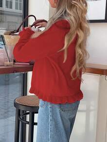 Knit Mix 优雅女士开衫，厚针织毛衣外套，浪漫法式风格，适合圣诞节和新年穿着，可爱圆领套头衫 - 紅色 - 查看 7