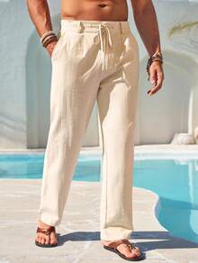 Mens Linen Cotton Casual Pants Elastic Waist Drawstring Lightweight Pants Loose Fit Summer Beach Yoga Trousers - 米色 - 查看 1