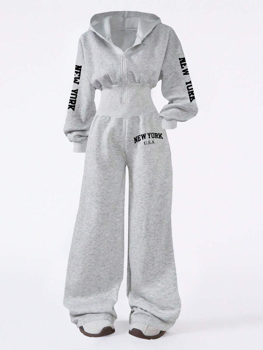 Girls' Stylish Letter Print Jumpsuit, Casual & Elegant Outdoor Fashion Design, Spring/Autumn - Grey - View 1