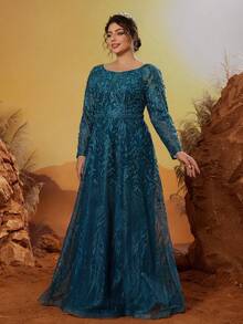 Anpoket New Arrival Round Neck Embroidery Contrast Lace Hot Fix Nailed Bead Long Sleeve Evening Dress - Teal Blue - View 3