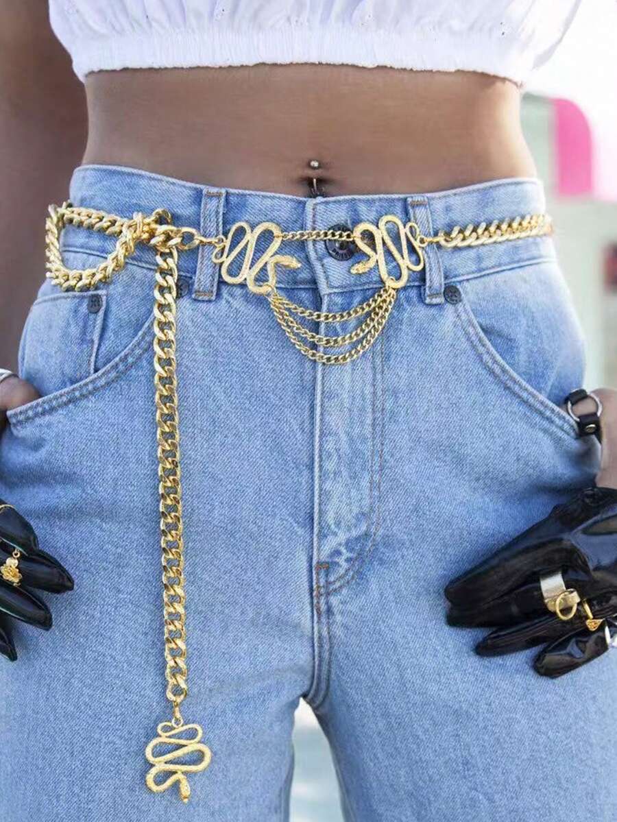 Cadena de cintura de serpiente dorada exagerada, cinturón de cintura metálico de moda, joyería de cadena corporal para fiesta