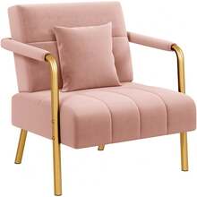 Butterslay 1pc Upholstered Accent Chair Modern Velvet Chair With Golden Metal Legs & Cozy Pillow, Leisure Arm Chair For Home Office - Hồng - Xem 9