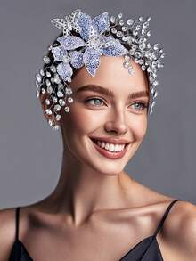 1pc Elegant Ombre Floral Headband With Sparkling Rhinestone Alloy Leaf Decor, Romantic Bridal Headpiece Suitable For Wedding, Halloween, Christmas, Party, Photography