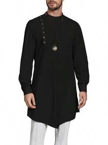 Mens Long Sleeve Robe Gown Casual Cotton Linen Button Muslim Shirt - 海軍 - 查看 6