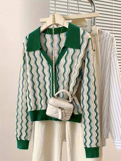 ii Women's Contrast Color Block Collar Front Button Long Sleeve Casual Striped Cardigan Sweater