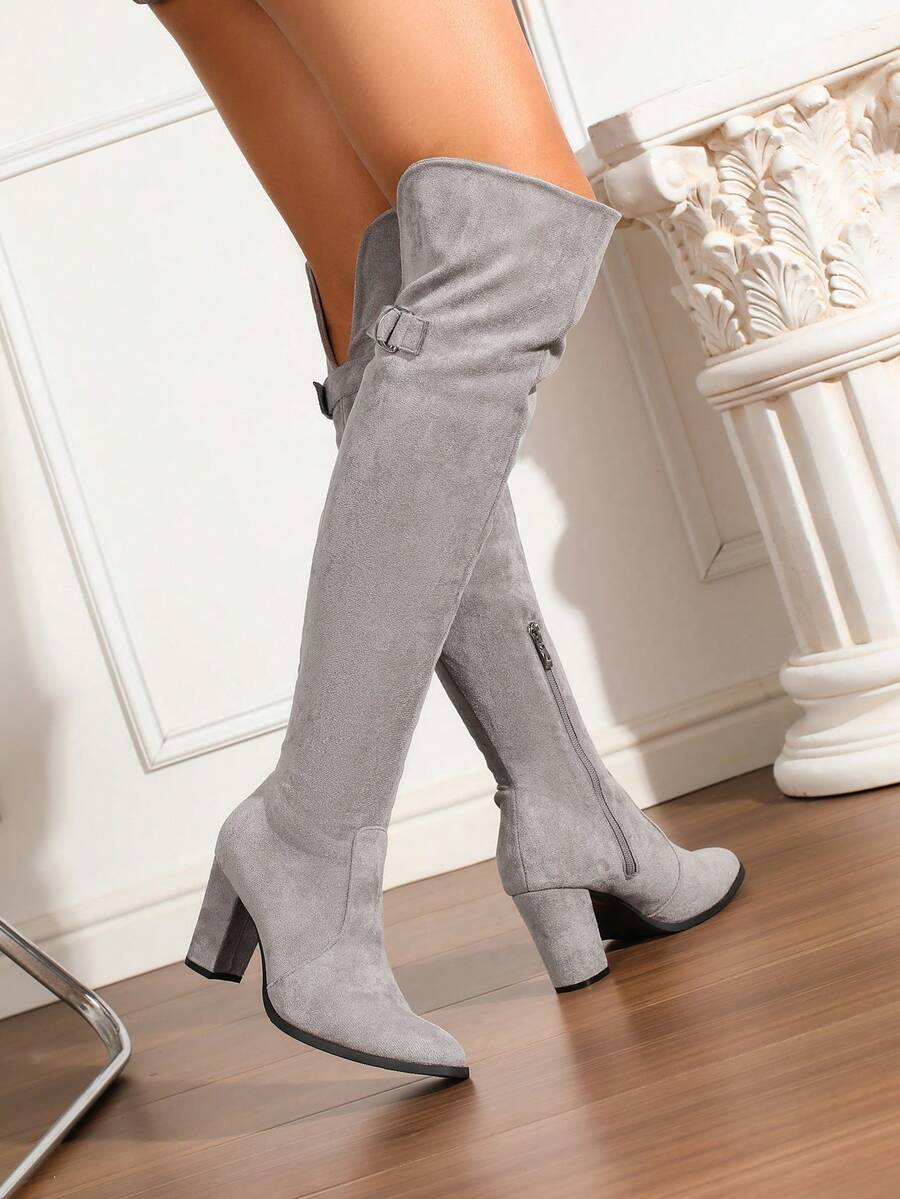 Autumn/Winter High Chunky Heel Square Toe Casual/Wedding Sexy Versatile Suede Over-The-Knee Boots, Grey (Wide Calf Elastic Over-The-Knee Boots) (For Slim Calves, Recommend Ordering 1 Size Smaller; For Thick Calves, Recommend Ordering True To Size. Please Refer To The Foot Length, Palm Circumference And Other Parameters Before Purchasing) - Xám - Xem 1