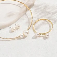 Minimalist Clavicle Chain Necklace, Earrings, Bracelet Jewelry Set For Women, Fully Paved With Pearls Open Choker