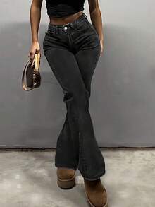 MYOURSA Jeans a vita alta a zampa d'elefante, pantaloni elasticizzati a zampa di donna, abbigliamento casual retrò di Y2K - Grigio - Visualizzare 5