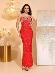 Beaded Decor Strapless High Slit Bandage Dress, Bridesmaid Dress For Parties And Festivals - Red - View 2