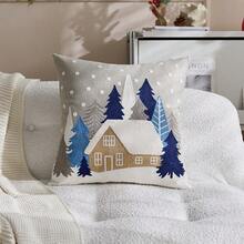 1 pièce Housse de coussin brodée avec sapin de Noël et maison, convient pour la décoration intérieure, housse de coussin décorative de Noël, insert de coussin non inclus - Multicolore - Voir 10
