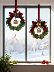 Conjunto de 1 enfeite de Natal com sinos dourados e pinhas, com guirlanda de laço vermelho, resistente a quebras, ideal para pendurar na árvore de Natal, porta ou janela. Perfeito para festas de inverno. Enfeite festivo para pendurar, decoração de Ano Novo, decoração para lareira, enfeite para presente de Natal de 2025, decoração de varanda, decoração externa para as festas, guirlanda para lareira, enfeite para meia de Natal, decoração de escada de Natal.