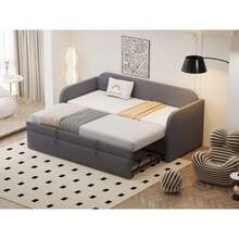 Upholstered Bed, Pull-Out Sofa Bed 90/180*190 Cm, With Vertical Stripes, With Slatted Frame, Multifunctional Bed, Comfortable And Breathable Linen Fabric, Grey (Mattress Not Included) - Grey + Upholstered + 90cm*190cm-2 - View 5