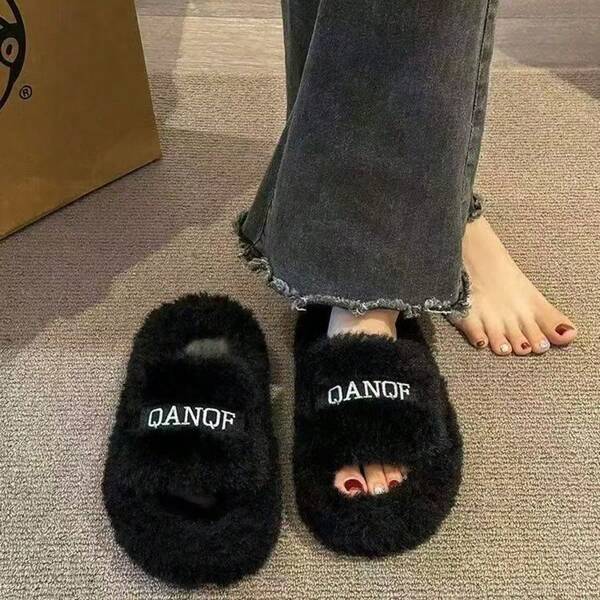 New Women's Black Fluffy House Slippers, Soft & Skin-Friendly, Letter Embroidery Design, & Casual Indoor Slippers For Autumn/Winter
