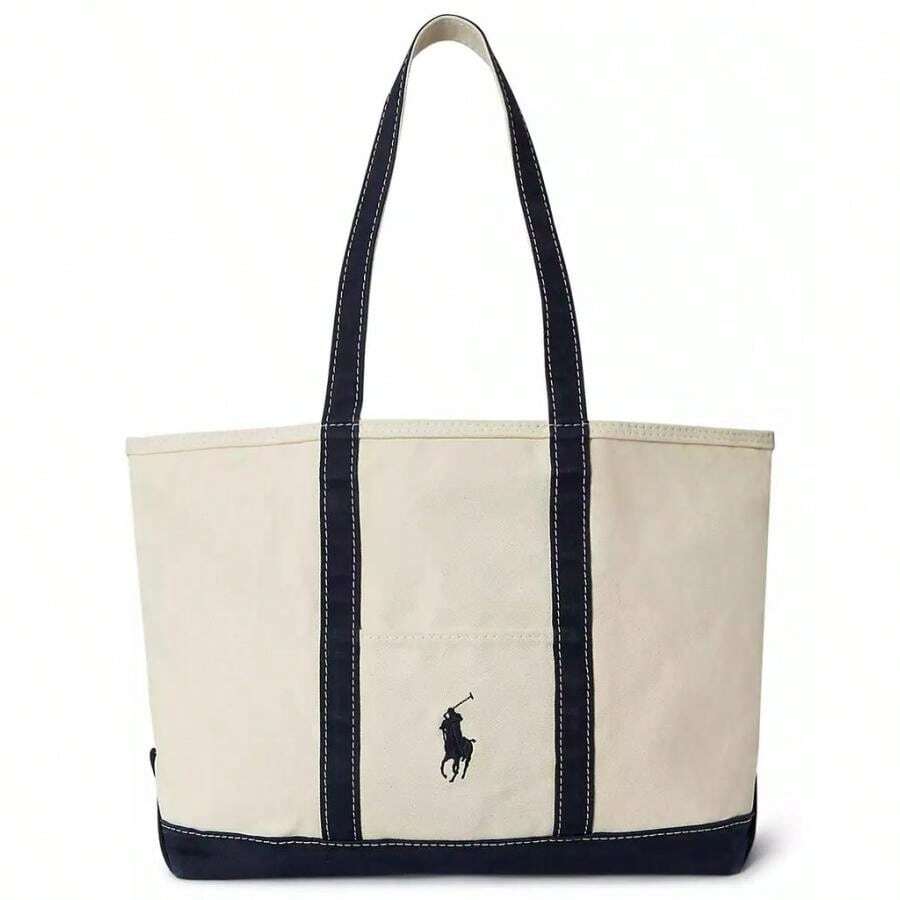 Ralph Lauren Big Pony Canvas Spacious Tote |  | Women Top Handle Bags - 奶油色/海軍藍 - 查看 1
