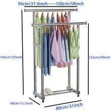 Cuierul vertical cu două rânduri față-spate, cu roți și tije duble, este un dulap mobil din oțel inoxidabil, potrivit pentru birouri, cămine, balcoane și dormitoare. Este convenabil pentru depozitarea hainelor și ușor de mutat și depozitat. - Argint - Vizualizare 8