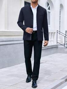 Mens Casual Suit Blazer Jackets Stand Mandarin Collar Lightweight Lined Business Dress Sport Coats - 藏青色 - 查看 4