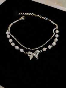 1pc Luxury Double Layer Bowknot & Pearl Stacked Bracelet - Silver - View 4