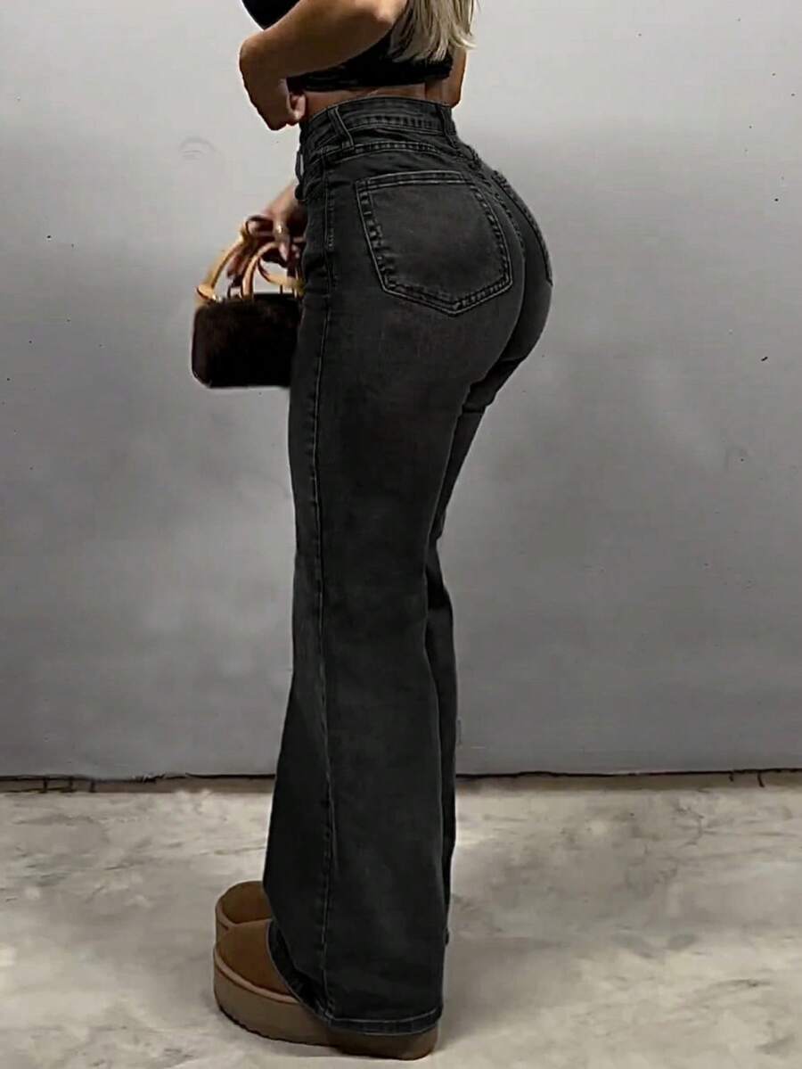 MYOURSA Jeans a vita alta a zampa d'elefante, pantaloni elasticizzati a zampa di donna, abbigliamento casual retrò di Y2K - Grigio - Visualizzare 1