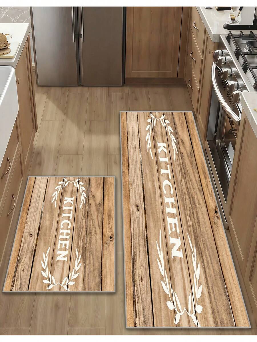 1/2/3 Pcs/Set Farmhouse Style Kitchen Mat, Non-Slip Rug With Printed Wooden Board And Olive Branch Design, Suitable For Home Use