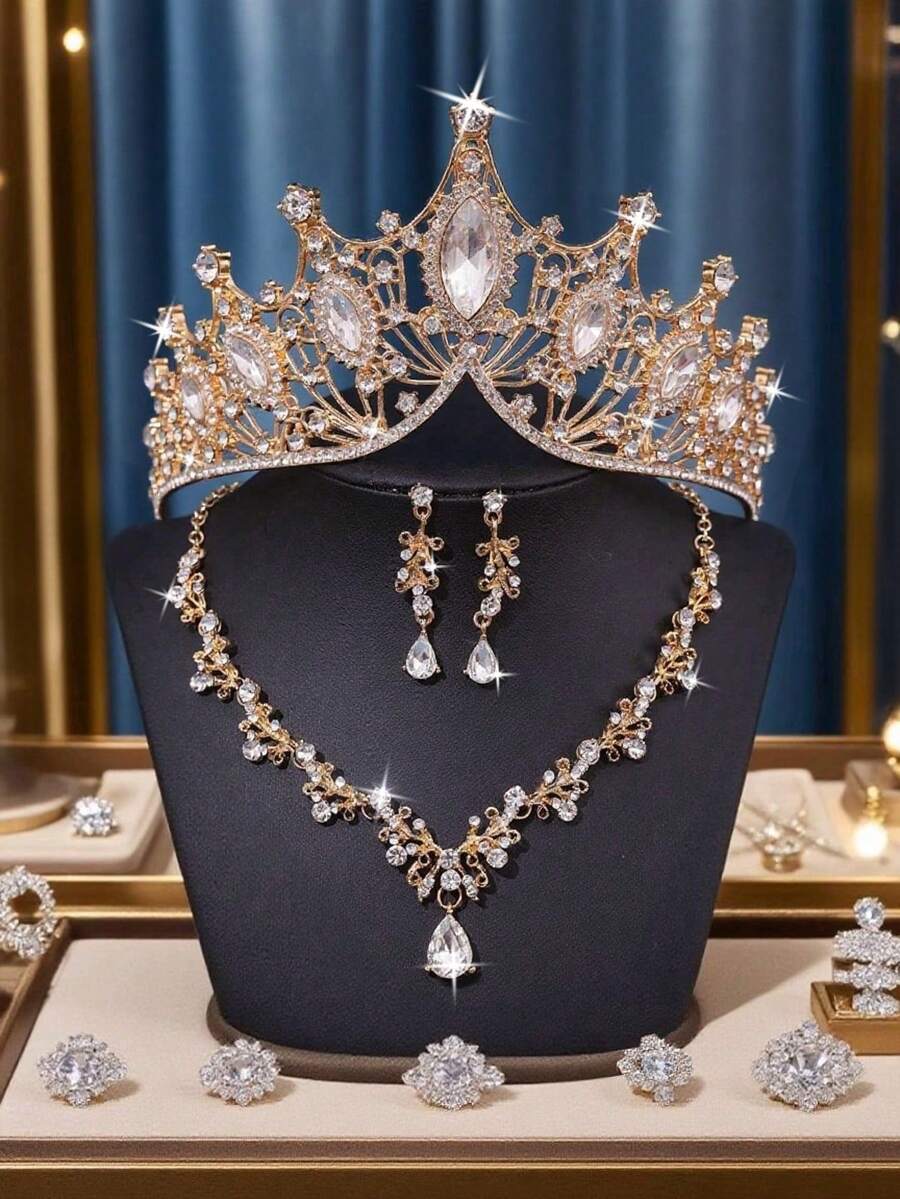 1 Set Bridal Fashion Jewelry Bride Accessories, Elegant Crystal Crown, Necklace, Earrings 4pcs Wedding Jewelry Set, Suitable For Wedding Dress, Bridal Party, Ceremony Valentine's Day Accessories