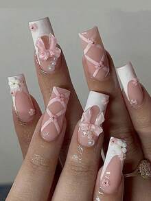 24pcs Premium European And American Style Full Drill Glitter Ballet Nail Set +1pc Gel +1pc Cuticle Pusher Press On Nails Nail Supplies - 多色 2 - 查看 1
