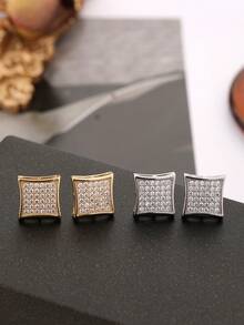 2pcs Square & Diamond Shaped Hiphop Stud Earrings For Men, Cubic Zirconia Inlaid, Minimalist & Stylish, Suitable For Couples - Diamond - View 4