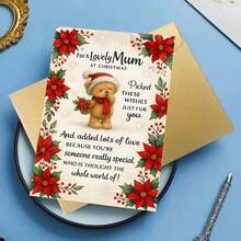 1pc Christmas Card For Mom - Cute Teddy Bear & Floral Wishes With Poinsettias & Holly, Heartfelt Message From Son Or Daughter, Special Gift For Mother - Red & Green Holiday Greeting Card With Golden Bow & Snowflakes, Sentimental Keepsake For Mum, Festive Bear Design With Red Poinsettias & Green Foliage, Perfect For Christmas Celebrations,