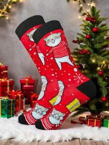 1 Pair Of Men's Christmas Themed Cute Cat Socks With Red Sweater Pattern, Essential For Festive Atmosphere, Comfortable, Perfect Gift For Men, Perfect Choice