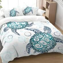 Aqua Teal Blue Duvet Cover Set, Sea Turtle Beach Theme 3-Piece Bedding Set With 2 Pillow Shams - Multicolor - View 9