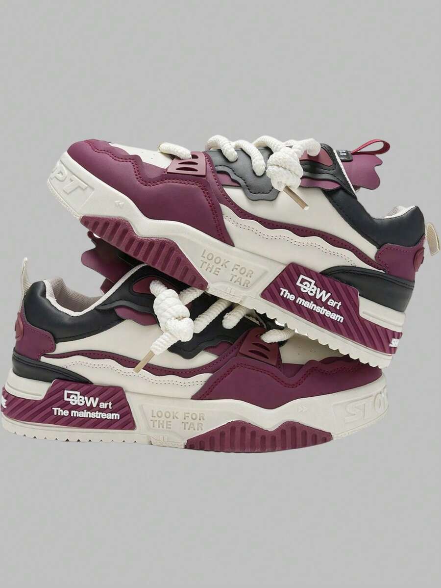 DareSee New Men Casual Niche Low-Top Design Sneakers, Fashionable Color Block Platform Athletic Shoes MusicFest Y2KFest Back To School Autumn Winter Gifts - Burgundy - View 1